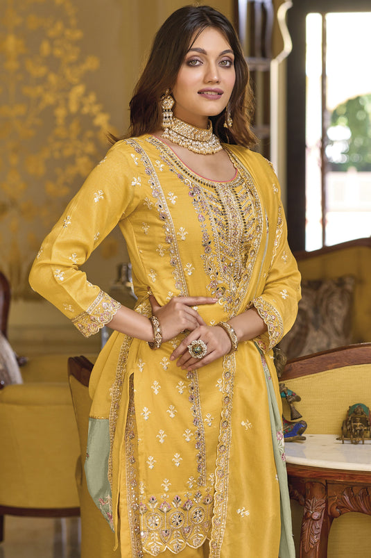 Karva Chauth Special Embroidered Yellow Color Readymade Designer Suit In Art Silk Fabric