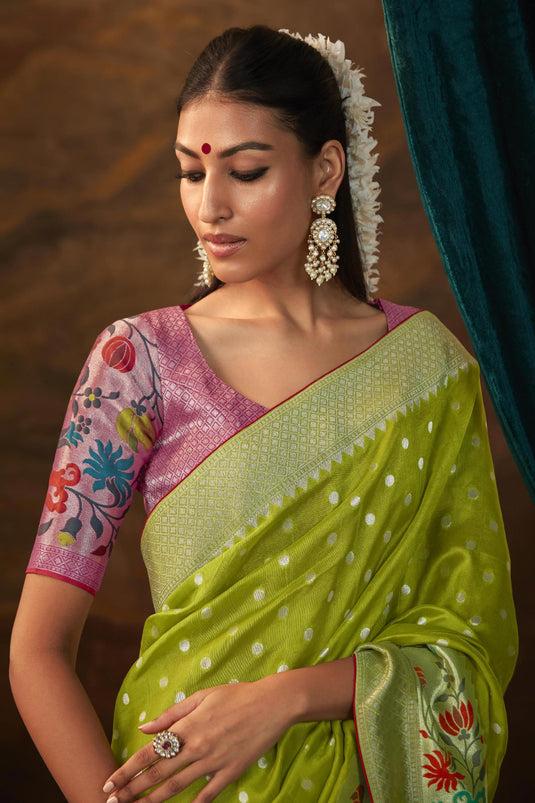 Attractive Weaving Work Green Color Art Silk Fabric Saree