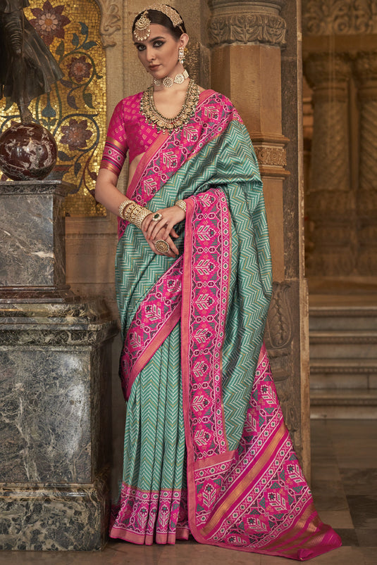 Art Silk Fabric Printed Glamorous Sea Green Color Patola Saree