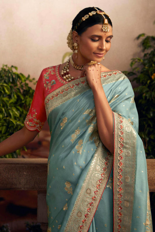 Silk Saree with blouse in Sky blue colour 268003