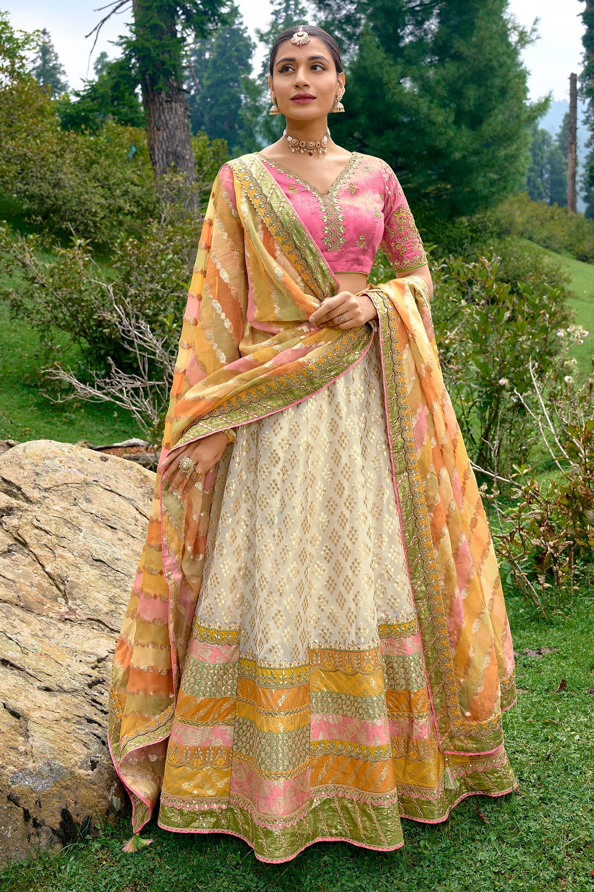 Embroidery Work Bridal Lehenga In Cream Color Silk Fabric With Blouse