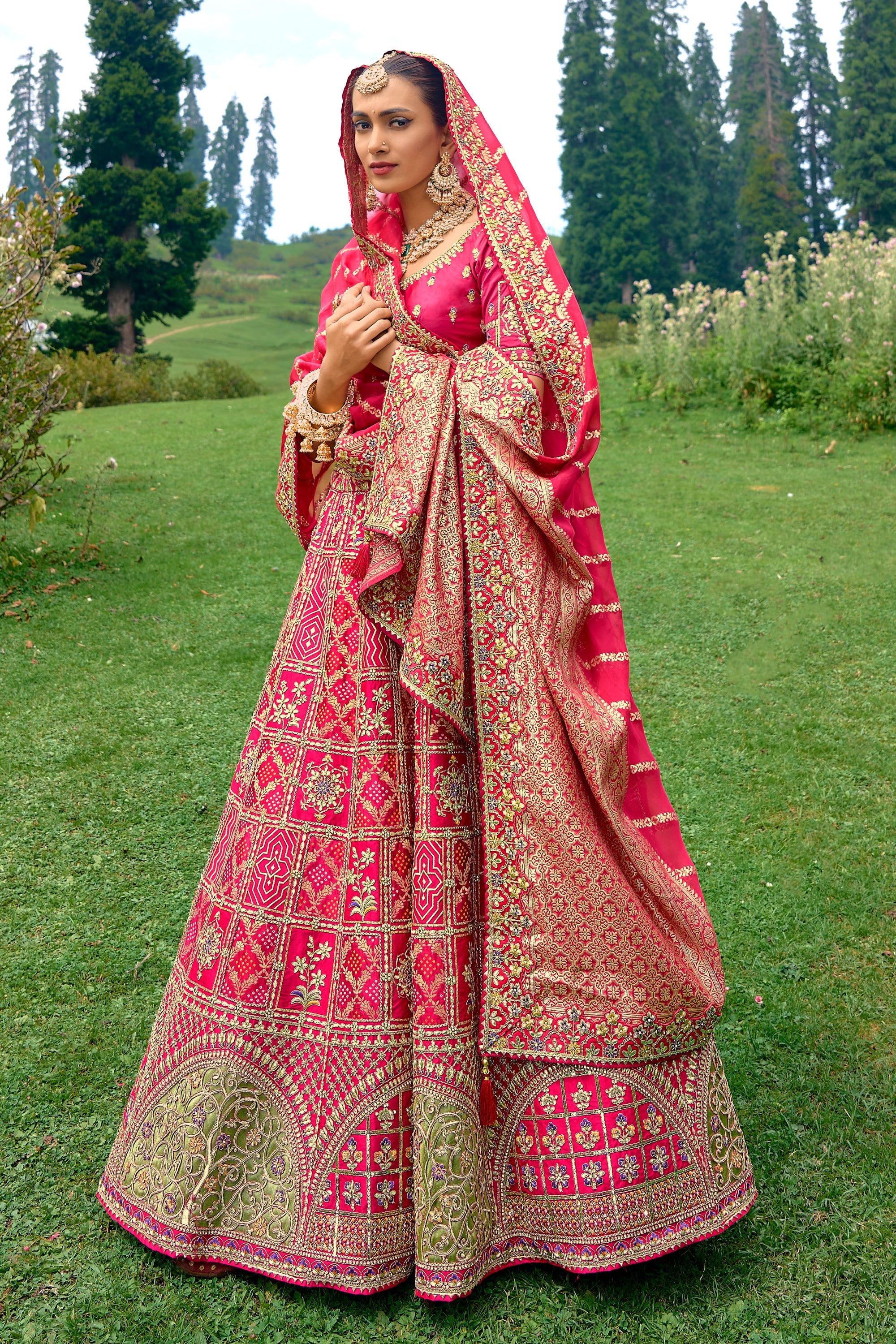Rani Color Silk Fabric Heavy Embroidery Work Bridal Look 3 Piece Lehenga Choli