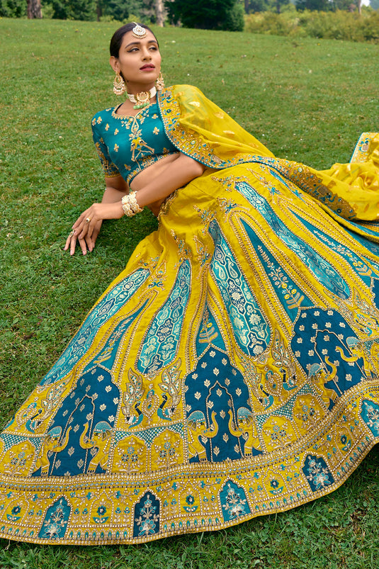 Womens Fashion Clothes Thread Work Embroidered Yellow Lehenga LLCV09741