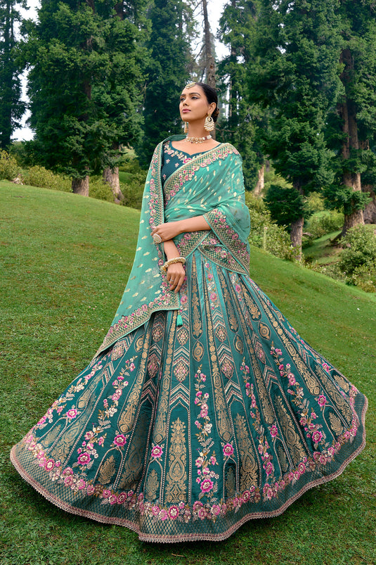 Heavy Embroidery Work Teal Color Silk Fabric Bridal Lehenga Choli