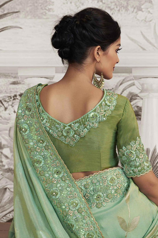 Incredible Heavy Embroidery Work Fancy Fabric Sea Green Color Saree With Party Look Blouse