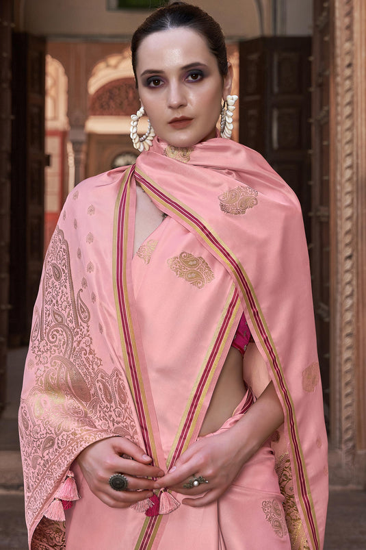 Pink Color Fantastic Satin Silk Fabric Saree With Weaving Work