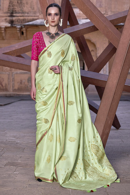 Appealing Weaving Work Satin Silk Fabric Saree In Sea Green Color