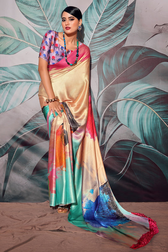 Ingenious Digital Printed Cream Color Satin Fabric Saree