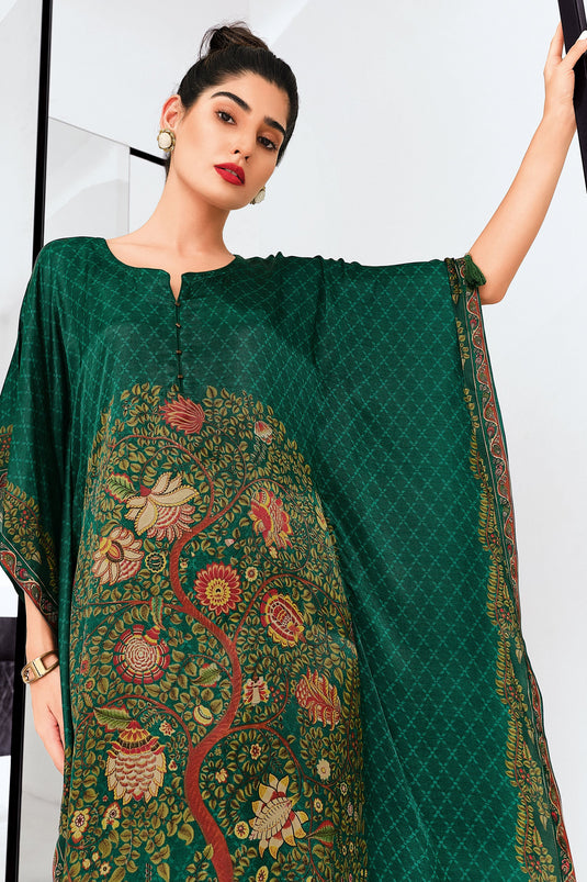 Green Printed Pleated Embelished Readymade Kaftan With Cotton Bottom