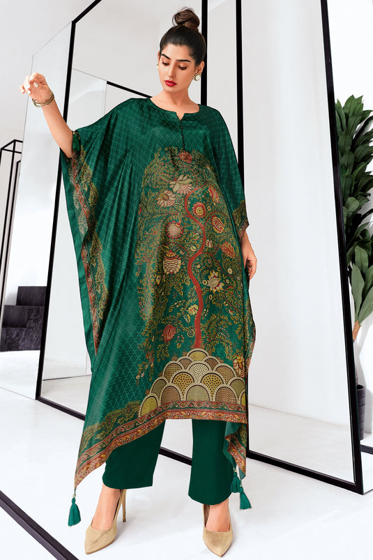 Green Printed Pleated Embelished Readymade Kaftan With Cotton Bottom