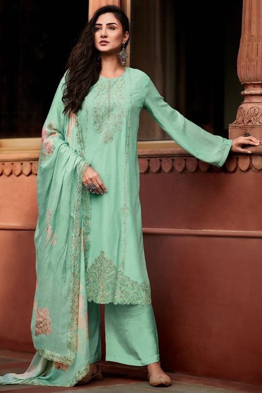 Viscose Fabric Embroidered Function Wear Salwar Kameez In Sea Green Color