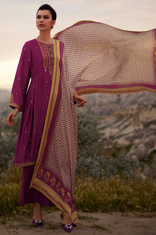 Art Silk Fabric Function Wear Palazzo Salwar Suit In Magenta Color