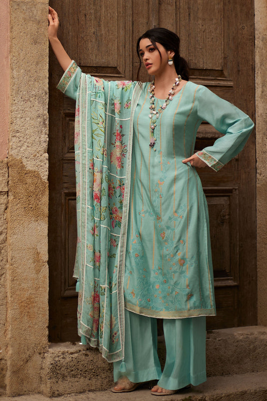 Light Cyan Color Function Wear Palazzo Salwar Suit In Viscose Fabric