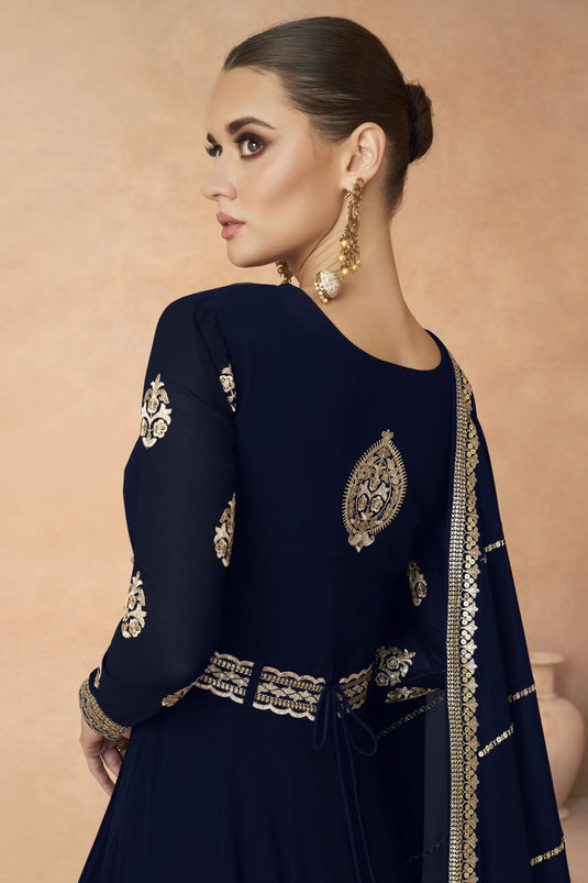 Persian Navy Blue Color Georgette Fabric Embroidered Readymade Long Anarkali Style Gown With Dupatta