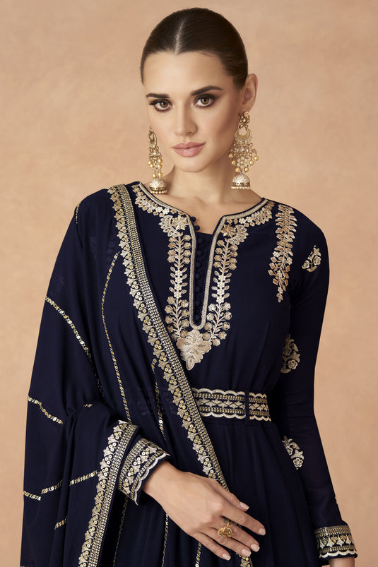 Persian Navy Blue Color Georgette Fabric Embroidered Readymade Long Anarkali Style Gown With Dupatta