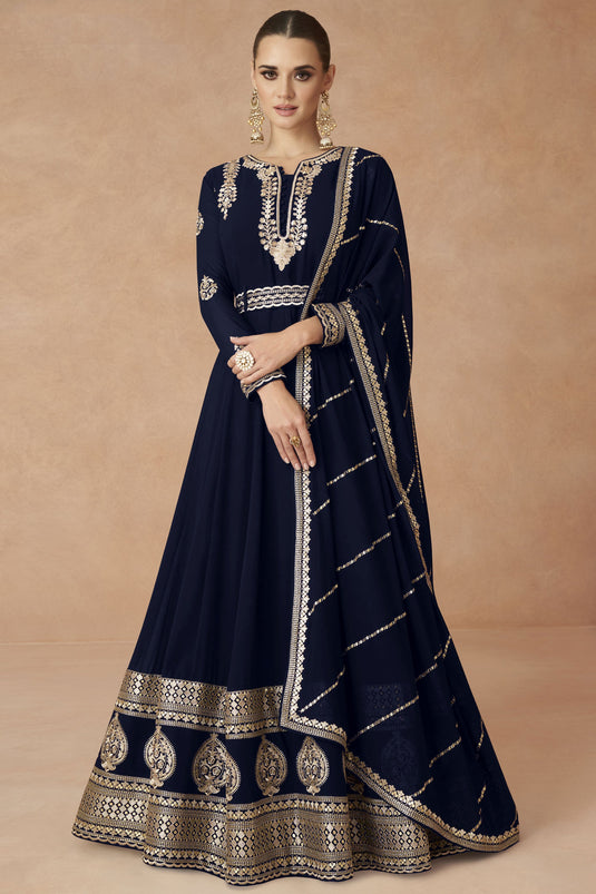 Persian Navy Blue Color Georgette Fabric Embroidered Readymade Long Anarkali Style Gown With Dupatta