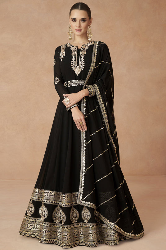 Merlot Georgette Fabric Black Color Embroidered Readymade Long Anarkali Style Gown With Dupatta