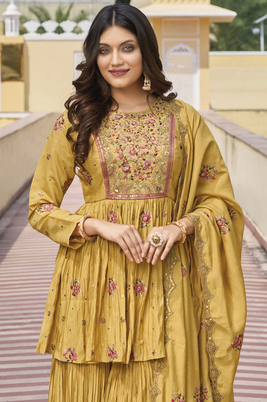 Yellow Color Art Silk Fabric Fancy Embroidered Readymade Designer Palazzo Salwar Suit