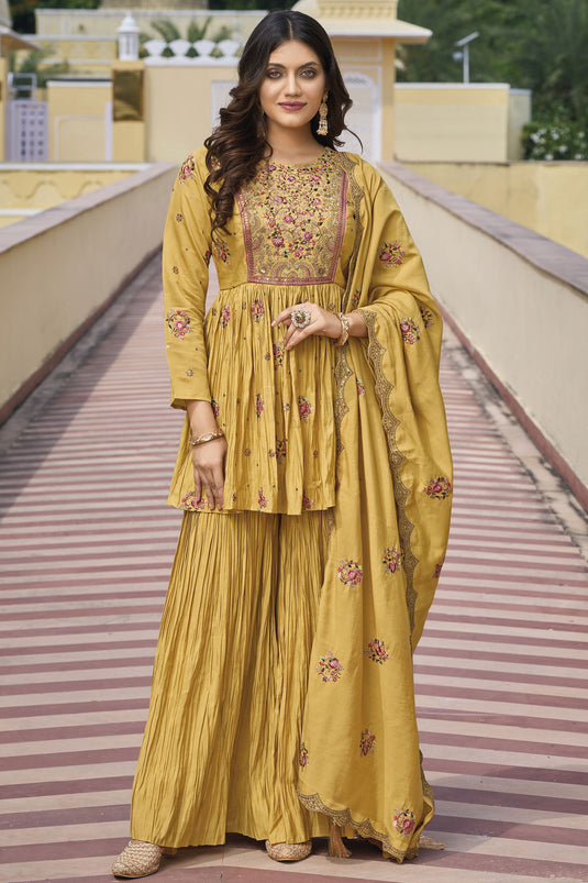 Yellow Color Art Silk Fabric Fancy Embroidered Readymade Designer Palazzo Salwar Suit