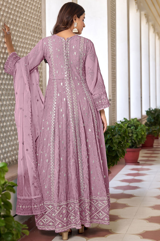 Embroidered Georgette Anarkali Suit In Pink Green