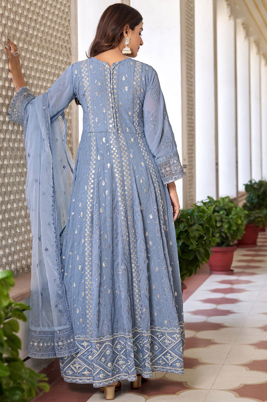 Light Blue Embroidered Anarkali Suit In Georgette Fabric