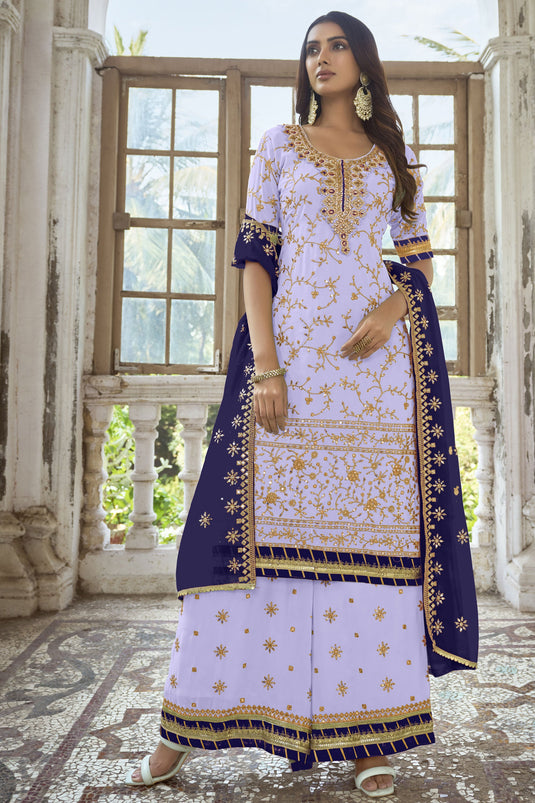 Embroidered Lavender Color Wedding Wear Palazzo Salwar Suit In Georgette Fabric