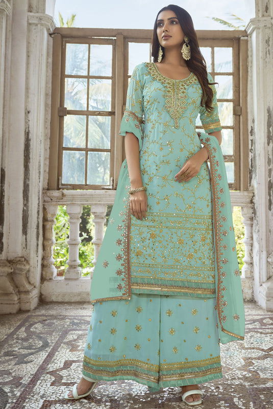 Georgette Fabric Cyan Color Festive Wear Embroidered Palazzo Salwar Kameez