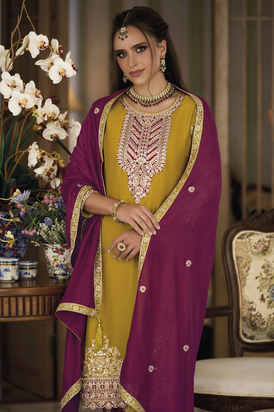 Yellow Color Embroidered Art Silk Fabric Readymade Designer Salwar Kameez