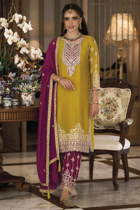 Yellow Color Embroidered Art Silk Fabric Readymade Designer Salwar Kameez