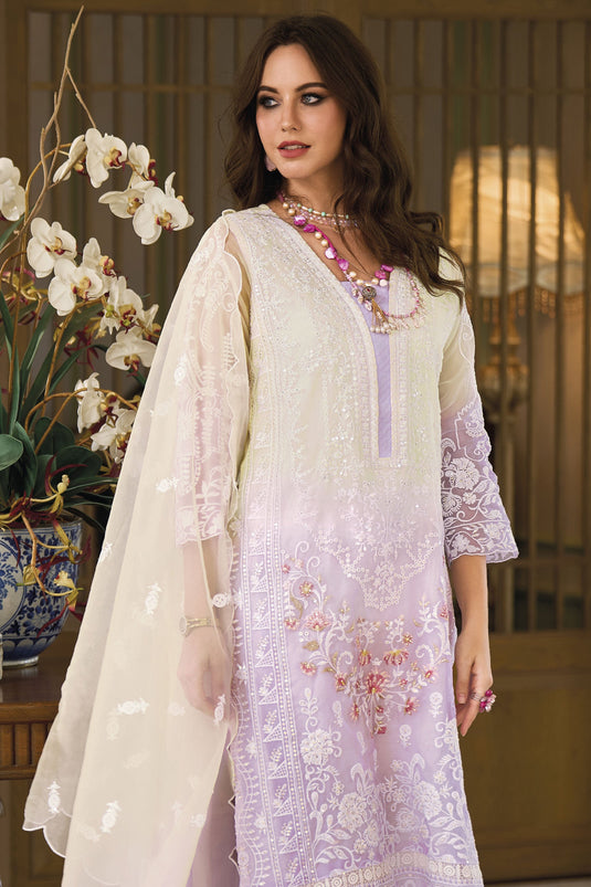 Lavender Color Organza Fabric Fancy Embroidered Readymade Designer Straight Cut Salwar Suit