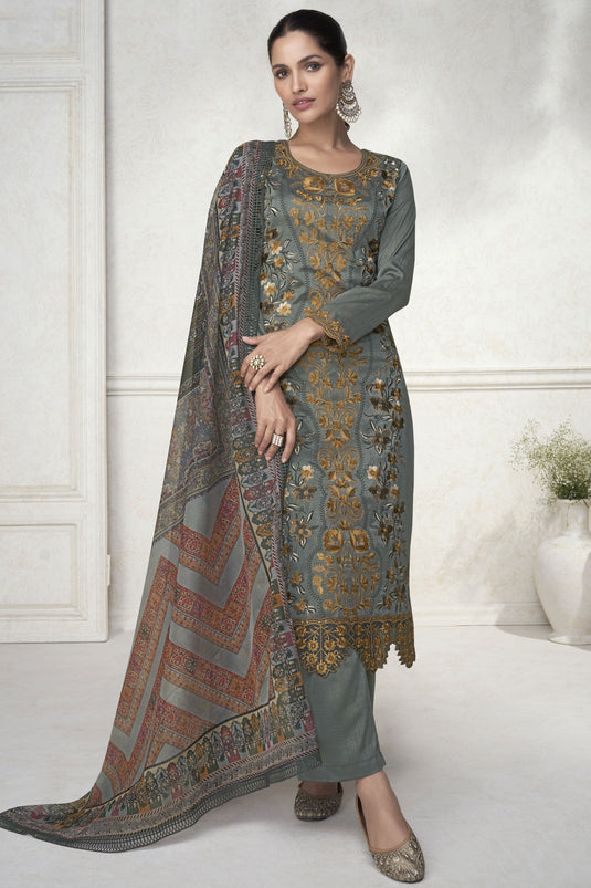 Function Wear Grey Attractive Embroidery Work Readymade Designer Dress In Art Silk Fabric