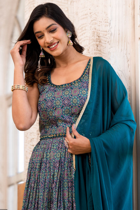 Exclusive Digital Printed Teal Color Readymade Gown With Dupatta In Dola Silk Fabric