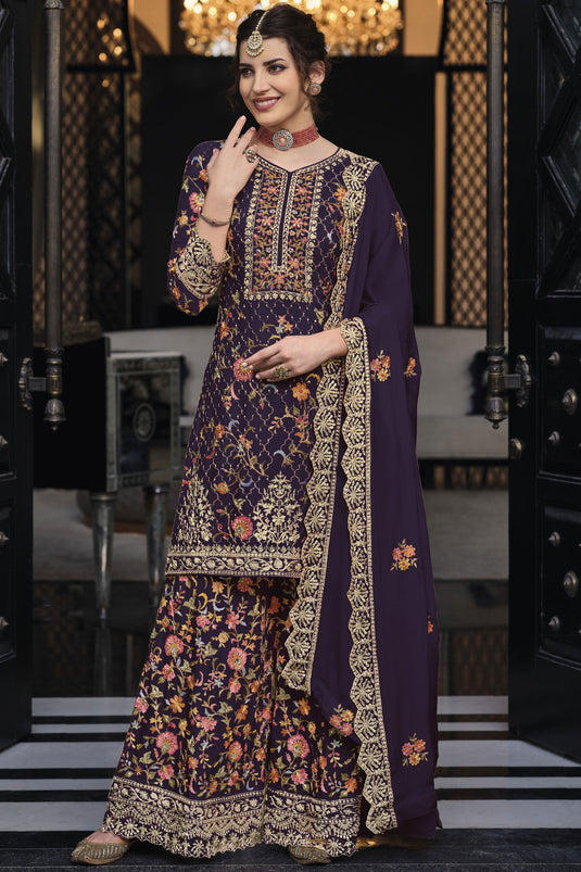 Art Silk Fabric Purple Color Fantastic Festive Look Palazzo Suit