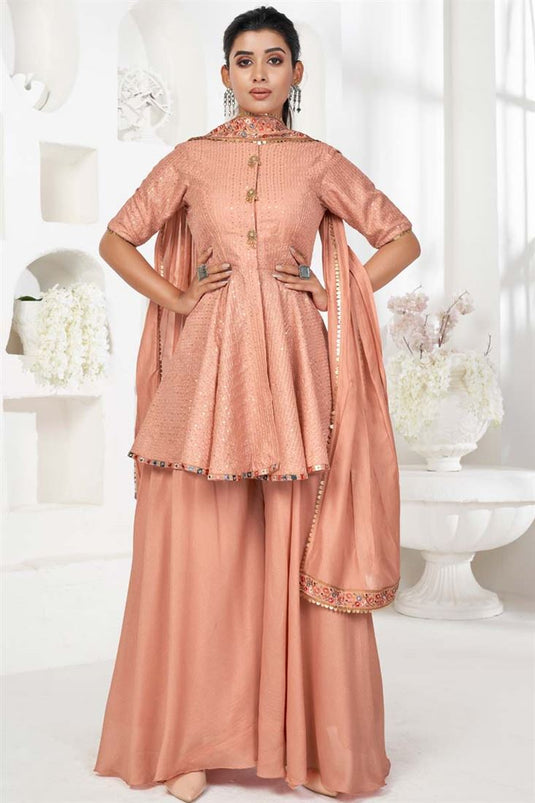 Peach Color Party Wear Art Silk Fabric Salwar Suit With Stunning Sequins Work