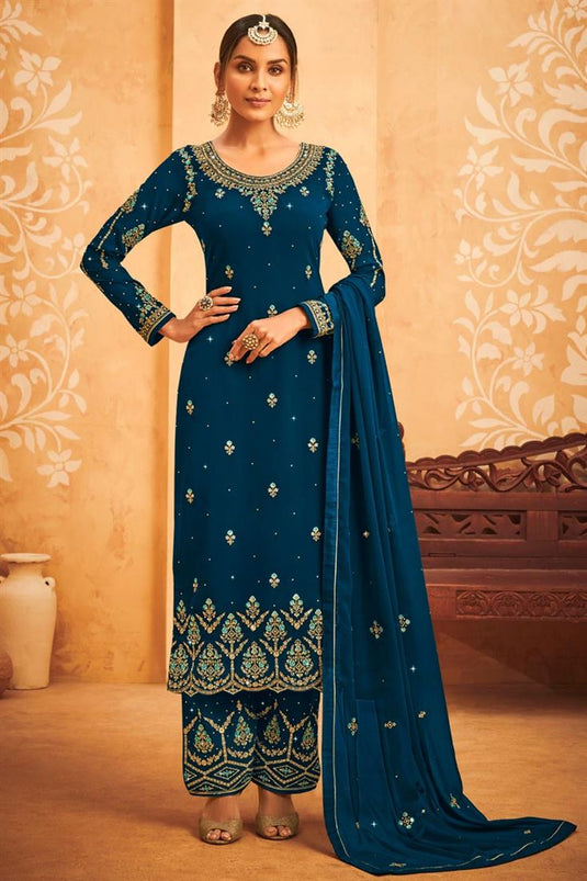 Phenomenal Embroidered Work On Teal Color Party Wear Salwar Suit In Georgette Fabric