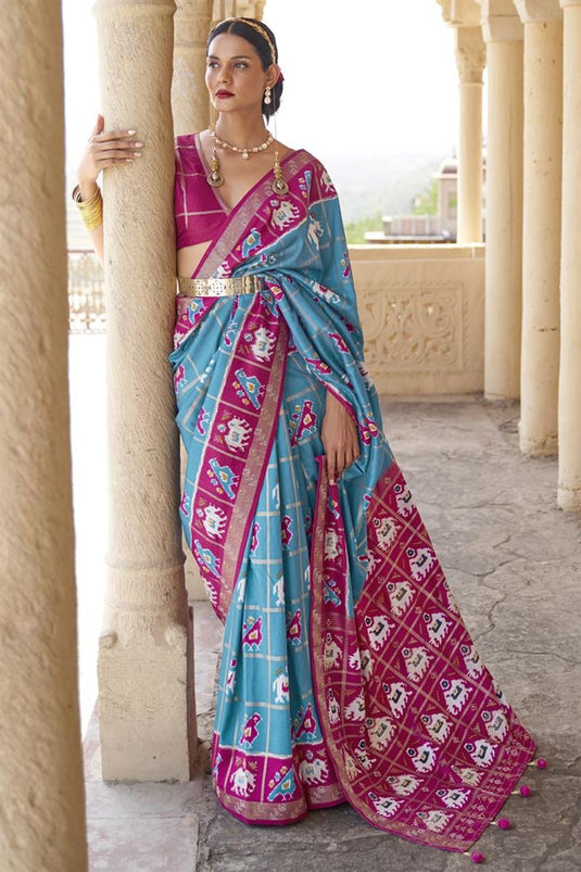 Printed Work Art Silk Fabric Sky Blue Color Function Wear Incredible Saree