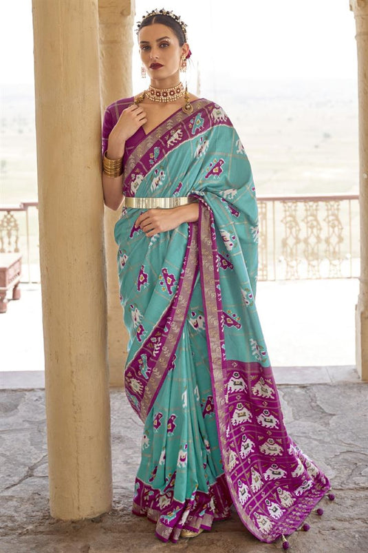 Function Wear Art Silk Fabric Cyan Color Excellent Saree With Printed Work