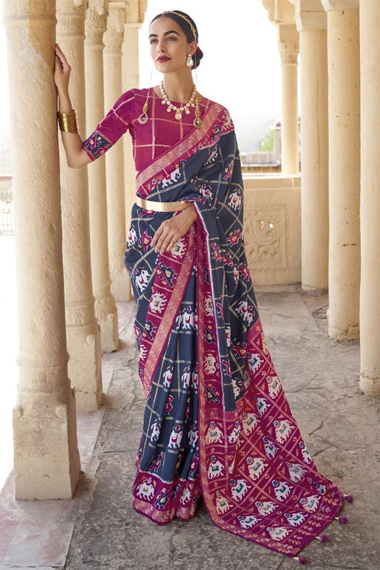 Printed Work Art Silk Fabric Navy Blue Color Function Wear Charming Saree