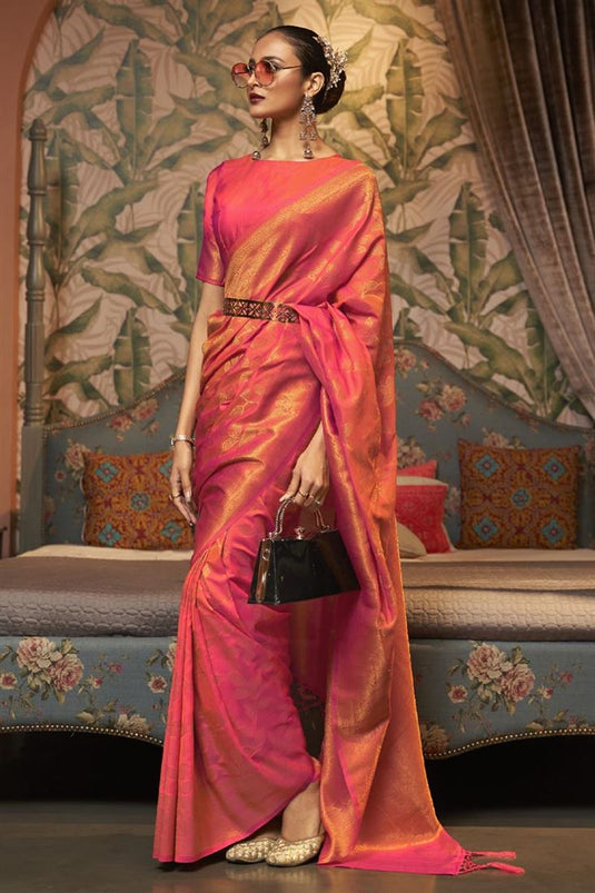 Festival Wear Art Silk Fabric Orange Color Weaving Work Magnificent Saree