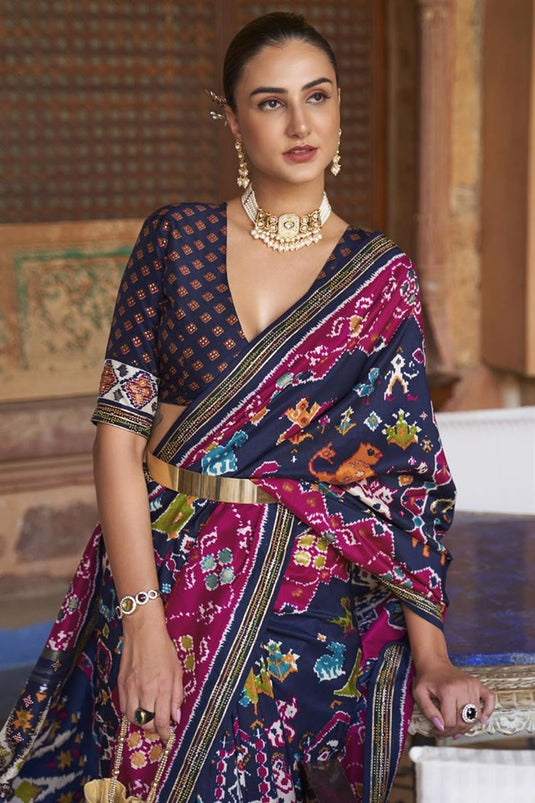 Navy Blue Color Glittering Art Silk Fabric Patola Printed Saree