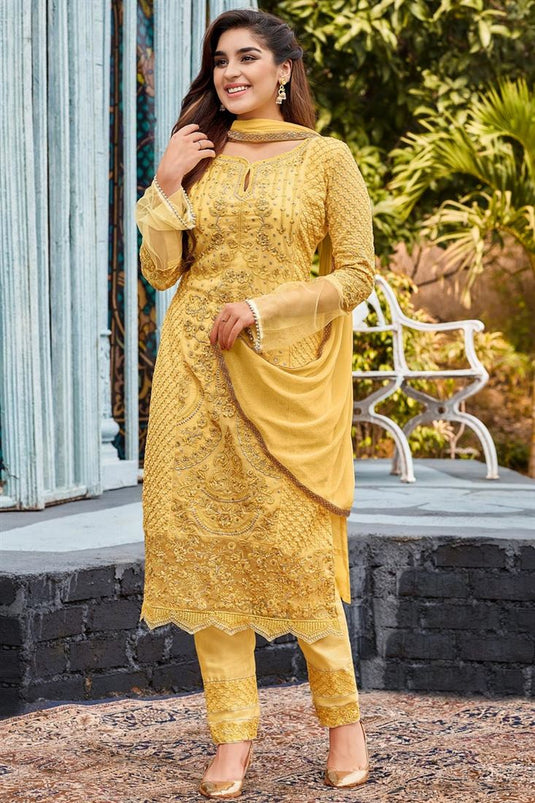 Captivating Georgette Fabric Yellow Color Salwar Suit