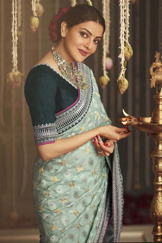 Stylish Border Work On Light Cyan Color Kajal Aggarwal Saree In Crepe Fabric