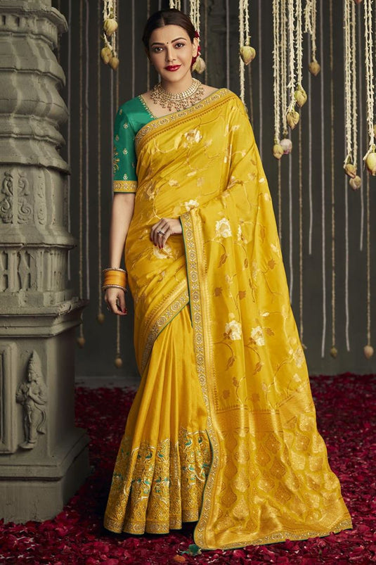 Crepe Fabric Yellow Color Kajal Aggarwal Saree With Excellent Border Work