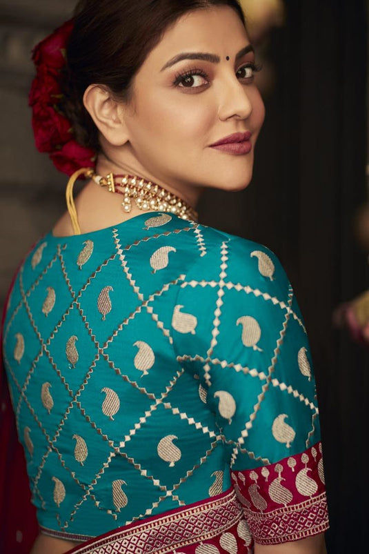 Incredible Border Work On Crepe Fabric Rani Color Kajal Aggarwal Saree