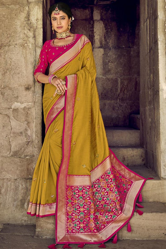 Mustard Color Weaving Work Glamorous Banarsi Style Silk Saree