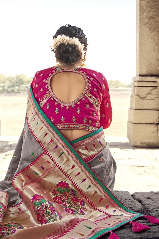 Grey Color Exquisite Weaving Work Banarsi Style Silk Saree