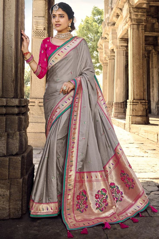 Grey Color Exquisite Weaving Work Banarsi Style Silk Saree