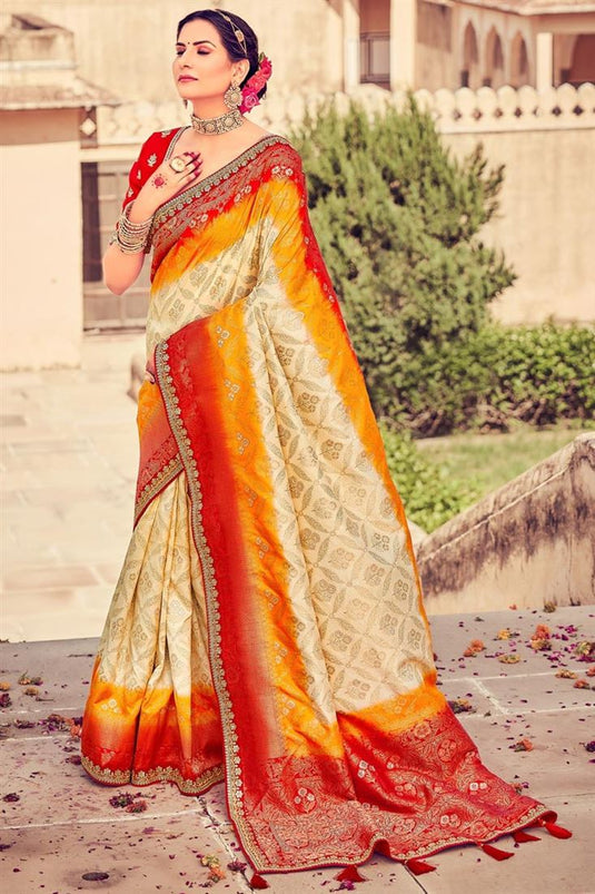 Splendid Art Silk Fabric Cream Color Function Wear Saree