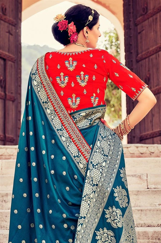 Fabulous Teal Color Function Wear Saree In Art Silk Fabric