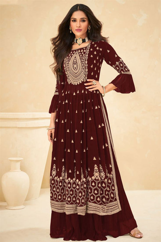 Fascinating Brown Color Embroidered Palazzo Suit In Georgette Fabric